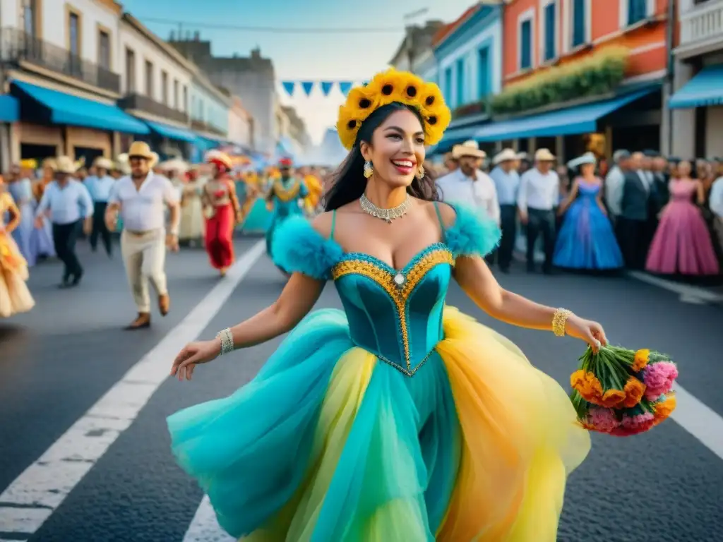 Deslumbrante carnaval uruguayo: alegría y color en las calles Desfile colorido del Carnaval Uruguayo, atractivo turístico global con carrozas, bailarines y espectadores felices
