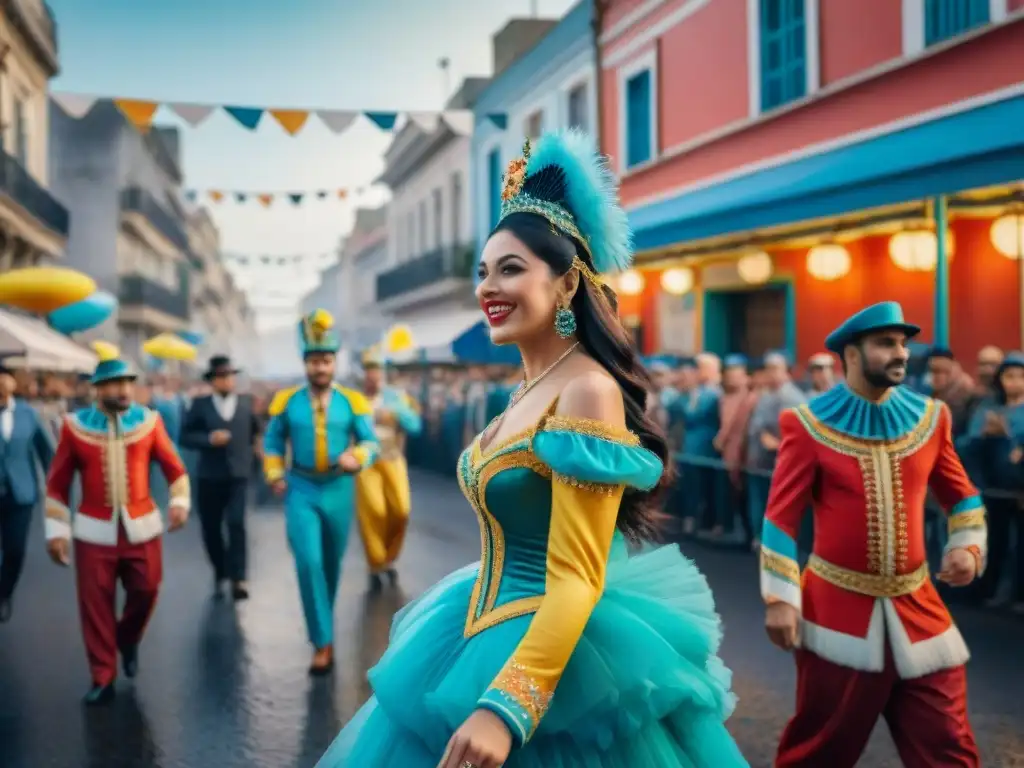Carnaval colorido en Uruguay: pintura acuarela vibrante Desfile colorido del Carnaval Uruguayo con danzantes, músicos y espectadores animados