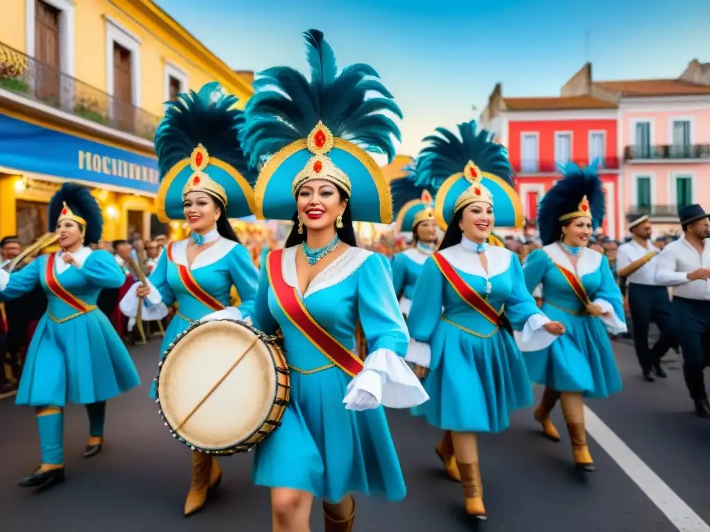 Colorida procesión de carnaval en Uruguay Desfile colorido del Carnaval Uruguayo con músicos, bailarines y edificios coloniales, en una pintura acuarela