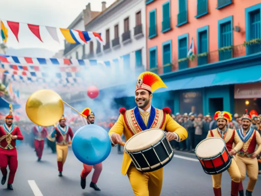 Carnaval Uruguayo: Desfile vibrante de alegría y color Desfile colorido del Carnaval Uruguayo con carrozas, bailarines y espectadores animados