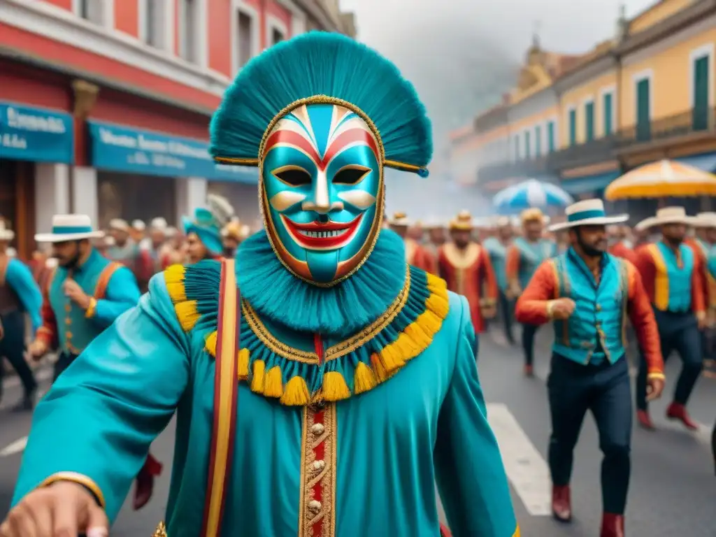 Deslumbrante pintura acuarela del Carnaval Uruguayo Desfile colorido del Carnaval Uruguayo con trajes elaborados y carrozas, Reparto ingresos Carnaval Uruguayo