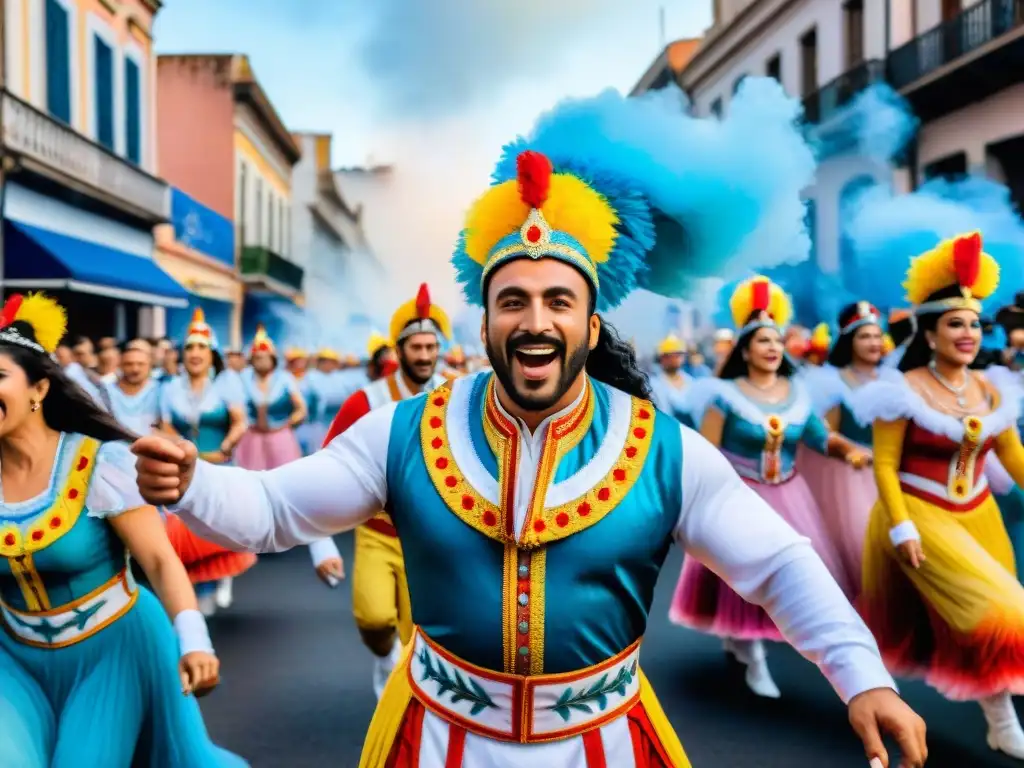 Deslumbrante desfile de Carnaval Uruguayo Desfile colorido en el Carnaval Uruguayo con carros alegóricos y bailarines en trajes tradicionales, bajo un cielo festivo