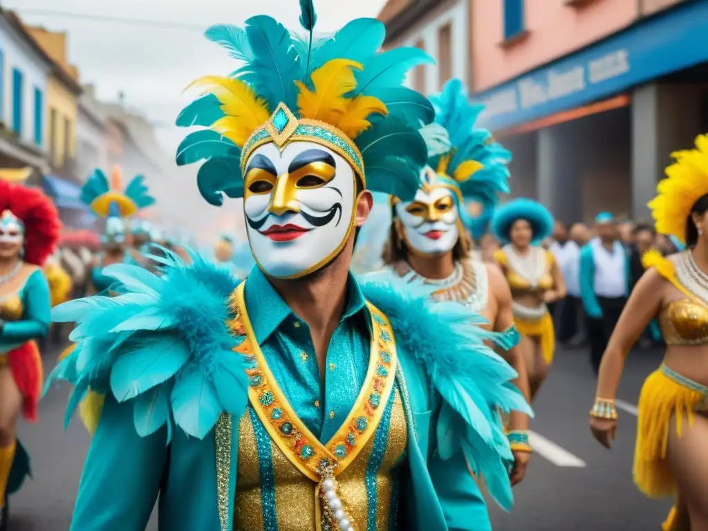 Desfile de Carnaval en Uruguay: Tradición y Sostenibilidad Desfile colorido en Carnaval Uruguayo con trajes reciclados, tradiciones recicladas en Carnaval Uruguayo