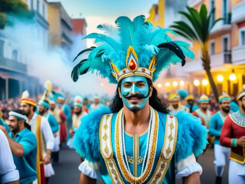 Deslumbrante Carnaval en Uruguay: colores y alegría Desfile colorido del Carnaval Uruguayo con decoraciones detalladas y vibrantes, músicos y bailarines en un ambiente festivo y alegre