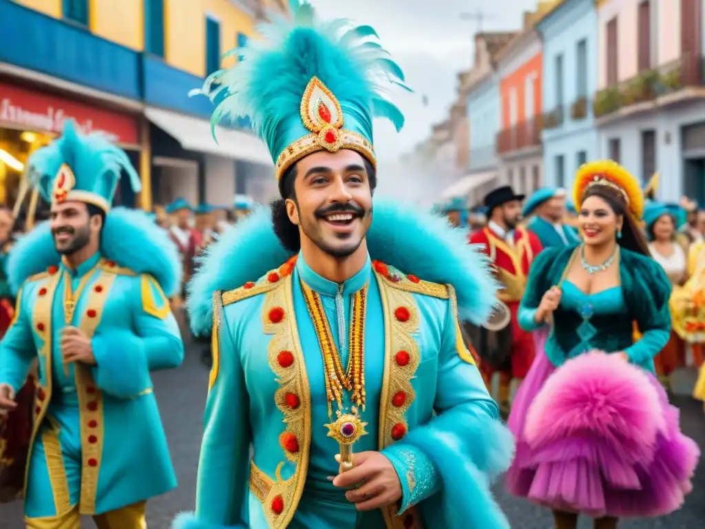 Desfile de Carnaval en Uruguay: colorido y energía murgas Desfile colorido de carnaval uruguayo con jerga murgas y música tradicional
