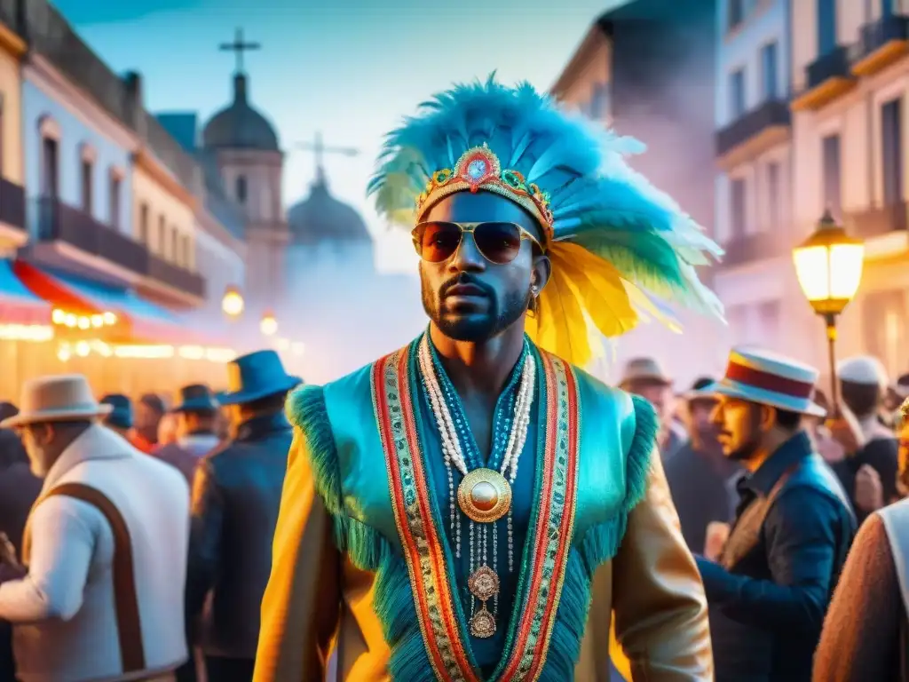 Desfile de Carnaval en Uruguay: Colorida Celebración en las Calles Desfile colorido de Carnaval Uruguayo con danzas, disfraces y carrozas, bajo un cielo cálido