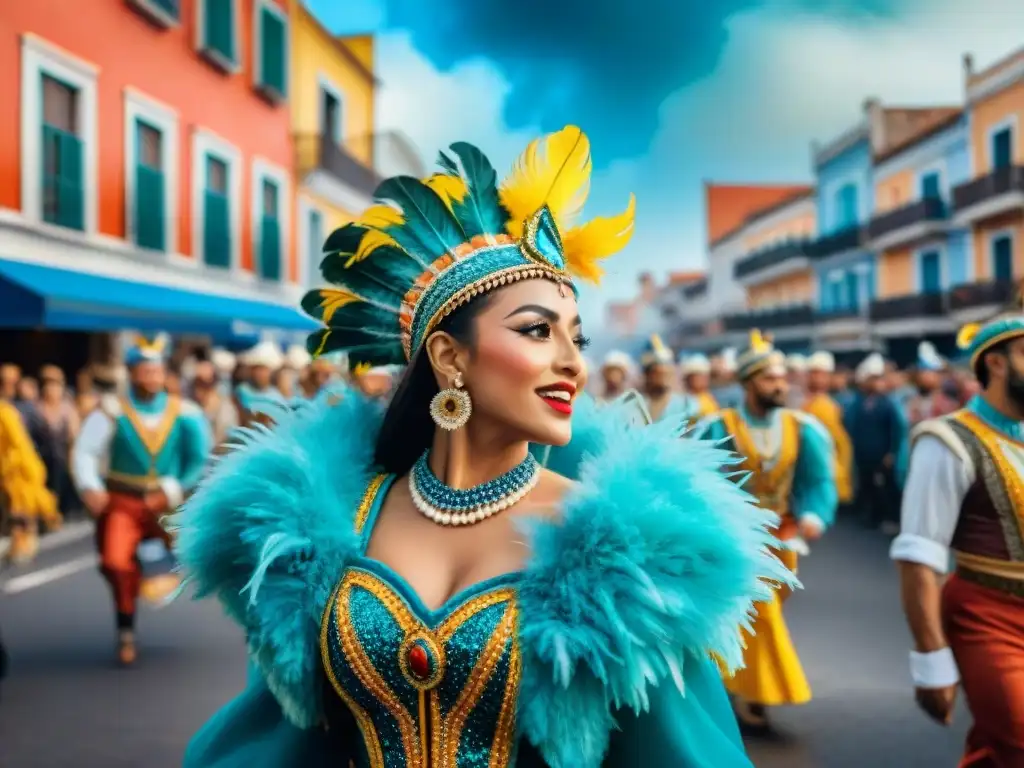 Deslumbrante desfile de Carnaval Uruguayo: Color, movimiento y alegría Un desfile colorido durante el Carnaval Uruguayo, con trajes tradicionales y vibrantes