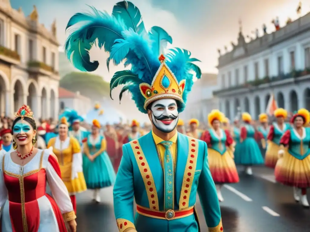 Desfile de Carnaval en Uruguay: Colorida celebración festiva Desfile colorido del Carnaval Uruguayo con carros alegóricos y bailarines, patrocinado por una marca