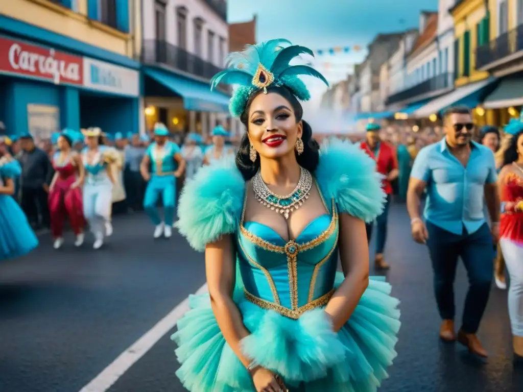 Carnaval en Uruguay: Escena callejera llena de color y alegría Desfile colorido en el Carnaval Uruguayo, con bailarines, música y alegría