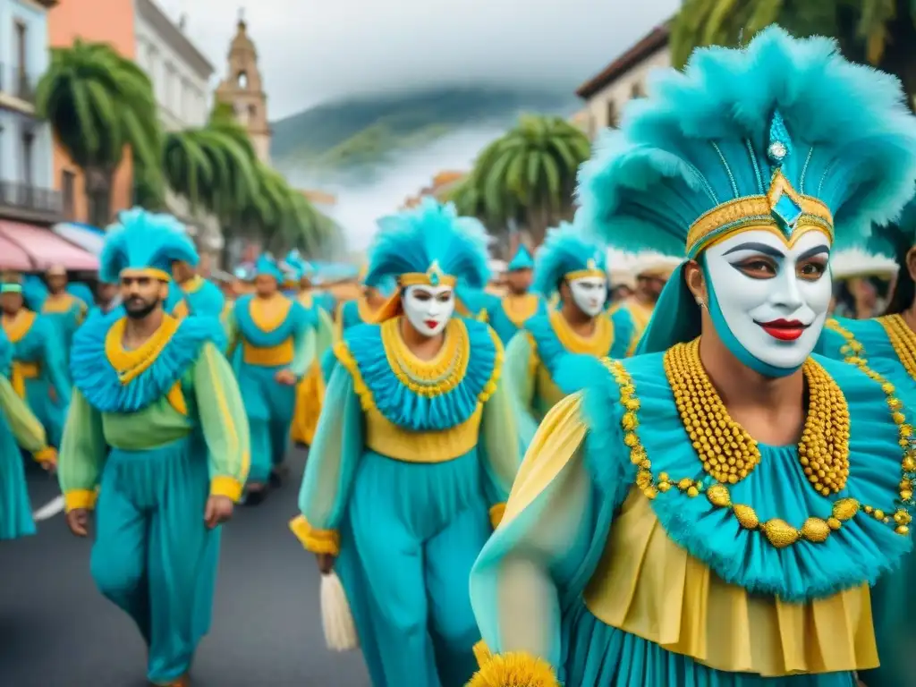 Desfile ecológico en el carnaval uruguayo: vibrante y sostenible Desfile colorido de carnaval en Uruguay con vestuario ecoamigable