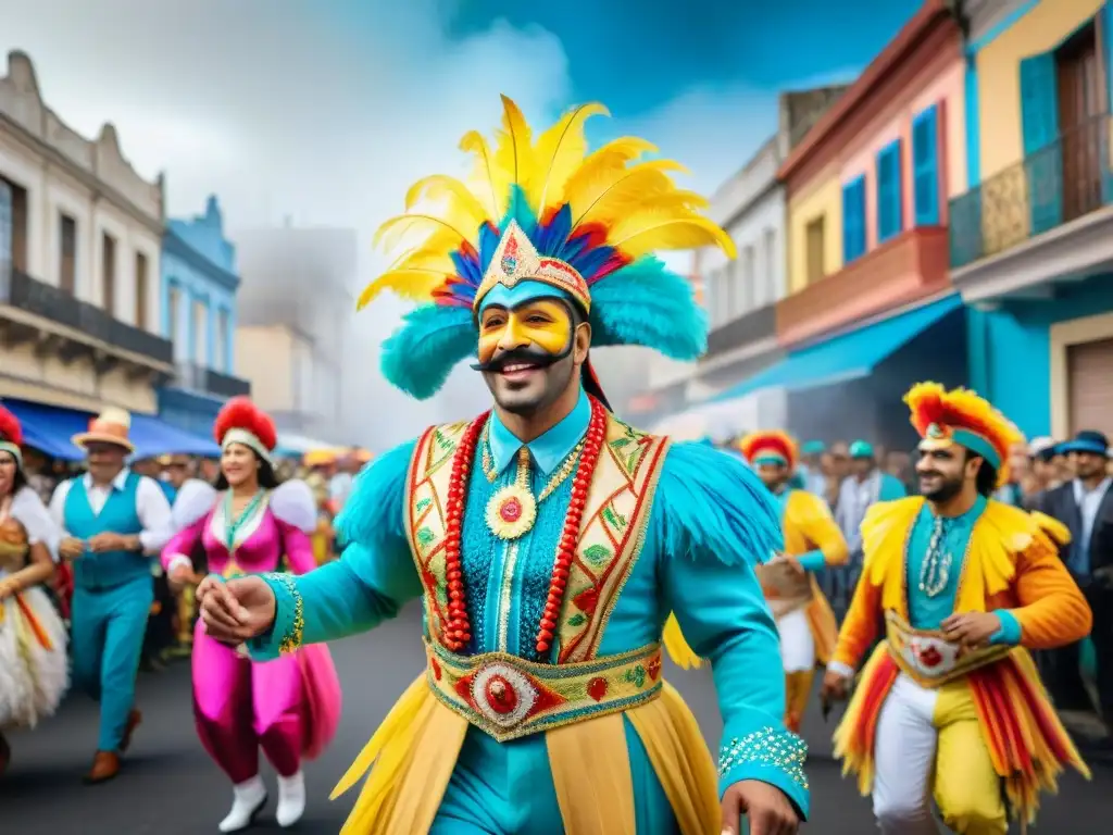 Desfile de Carnaval en Uruguay: Eco-Trajes Vibrantes Desfile colorido de carnaval en Uruguay con vestuario ecoamigable