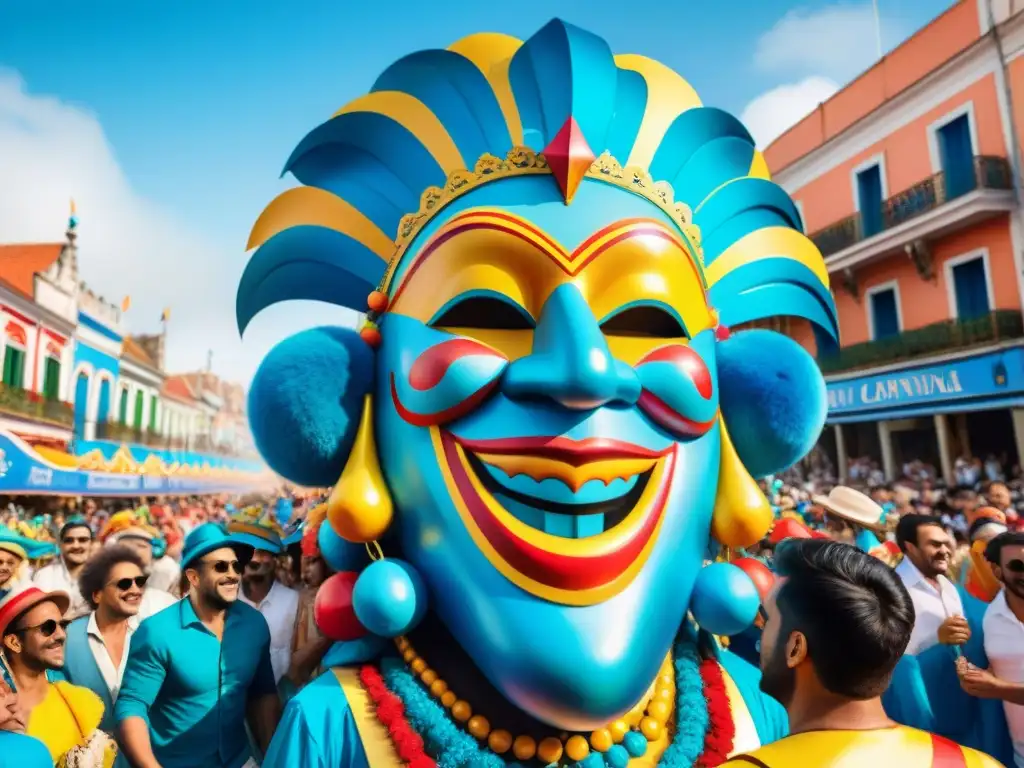 Desfile de Carnaval: Máscara Gigante y Alegría Uruguaya Desfile colorido con carroza en forma de máscara gigante, carnavaleros celebrando bajo cielo azul