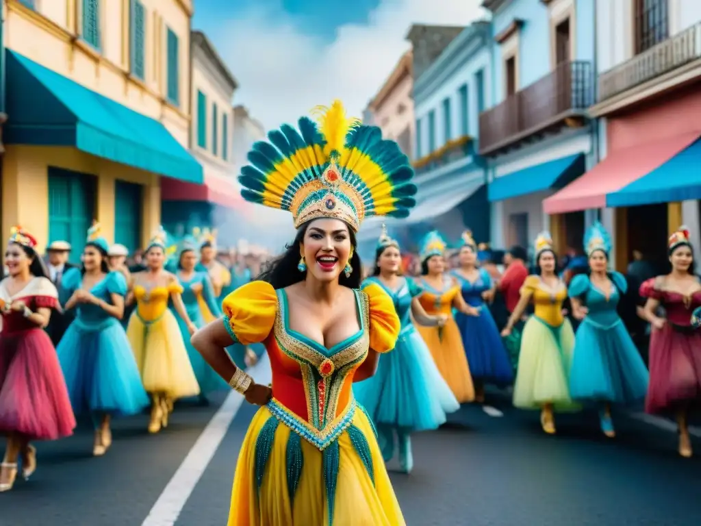 Colorido Carnaval en Uruguay: comparsas, baile y alegría Desfile colorido de comparsas en el Carnaval de Uruguay, lleno de alegría y tradición