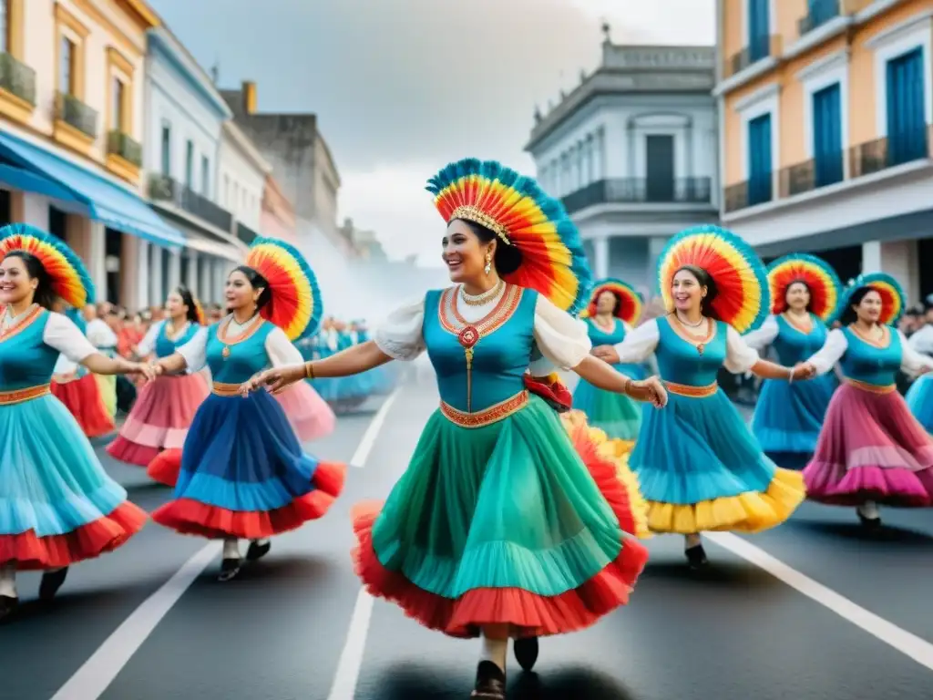 Desfile de comparsas en Uruguay: colores y alegría Desfile colorido de comparsas en Uruguay, reflejo de diversidad y cultura