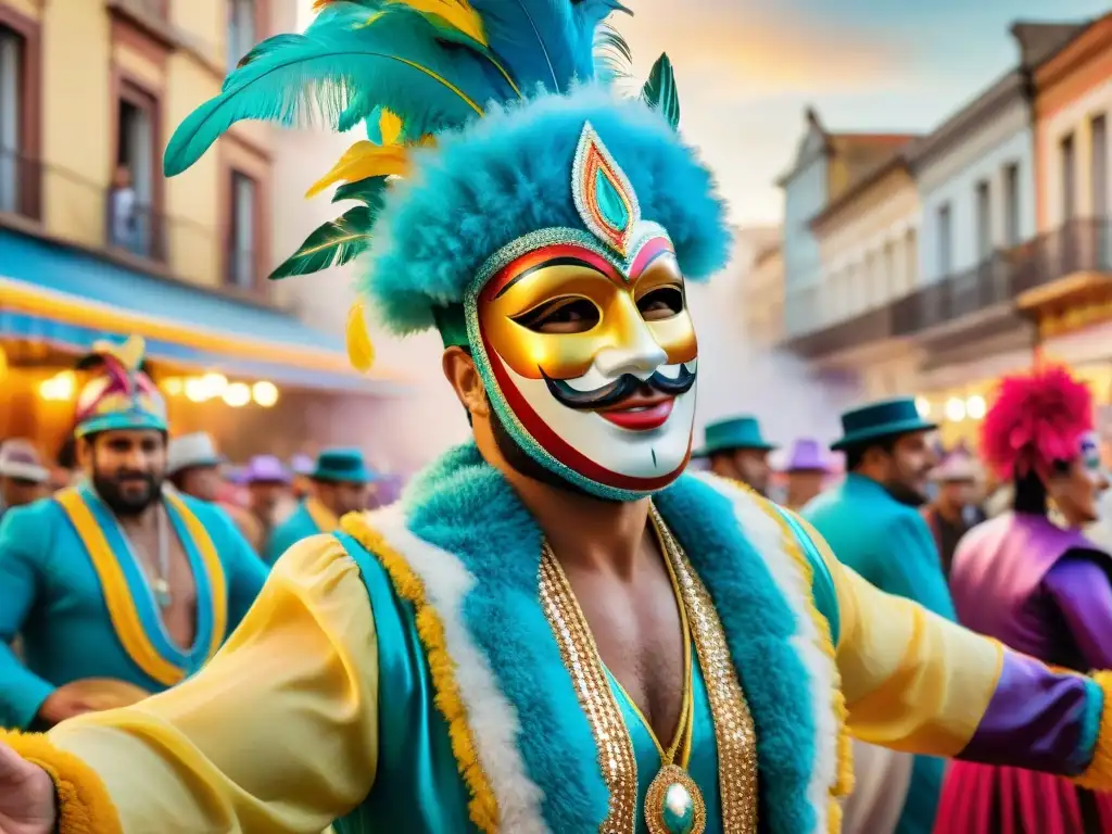 Colorida celebración del Carnaval Uruguayo: tradición festiva y alegría Un desfile colorido de disfraces del Carnaval Uruguayo con músicos, plumas y alegría en las calles históricas