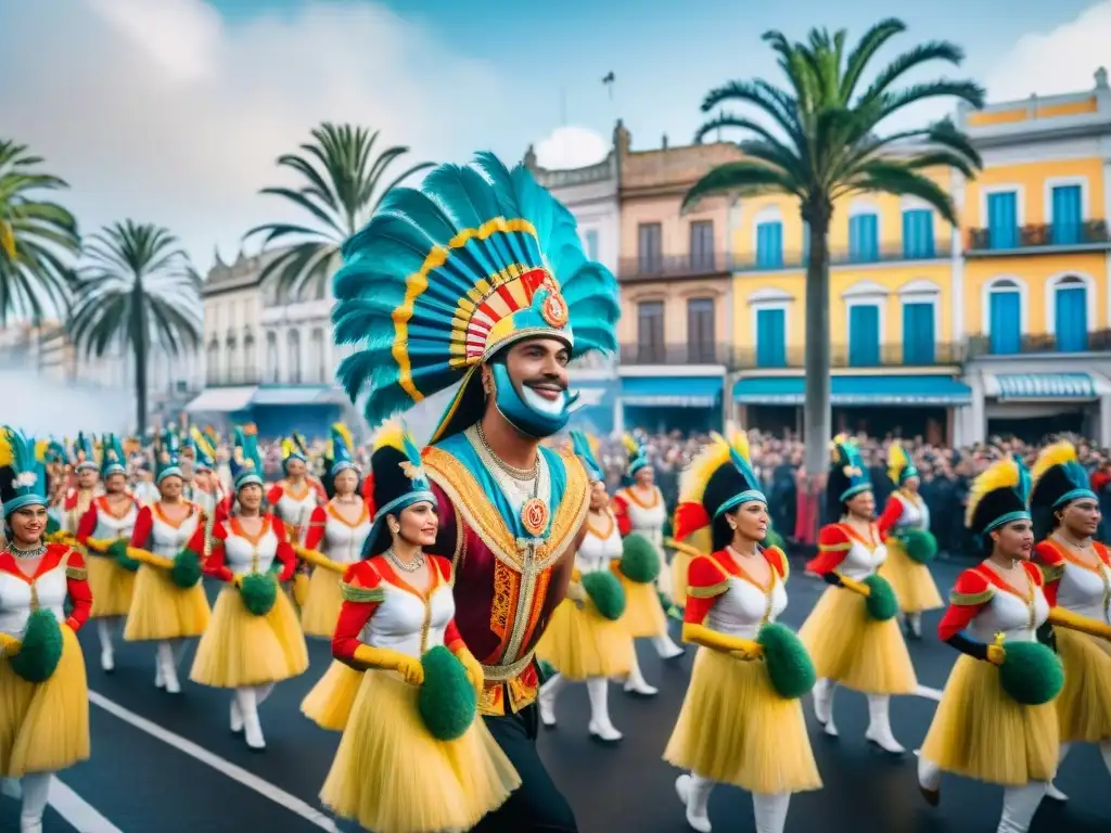 Carnaval multicultural en Uruguay: explosión de color y diversidad Desfile colorido y diverso en el Carnaval Uruguayo: trajes, carrozas y bailarines representando culturas, unidos en celebración