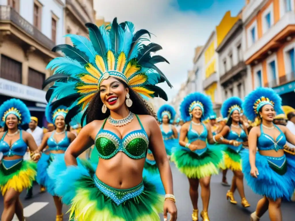 Desfile de Samba en Uruguay: Celebración y Sostenibilidad Desfile colorido de escuelas samba en Uruguay, con trajes de plumas, tamborileros y espectadores felices en las calles de Montevideo