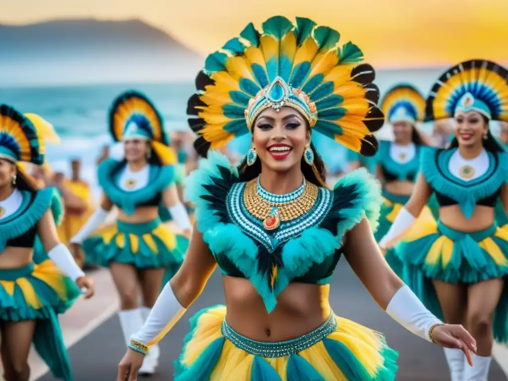 Desfile de samba en Uruguay: colorida celebración al atardecer Desfile colorido de escuelas de samba en Uruguay, en sintonía con el movimiento Residuo cero