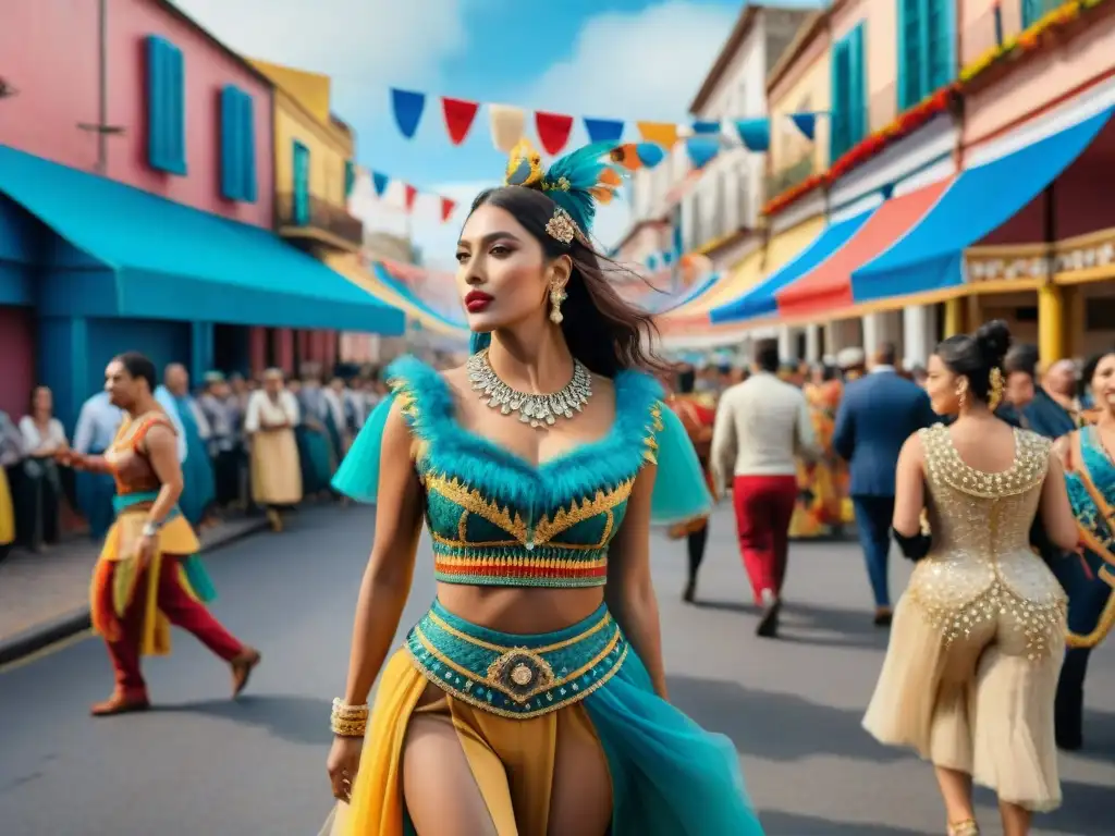Desfile colorido y festivo en Carnaval Uruguayo con reciclaje de vestuario en una bulliciosa calle