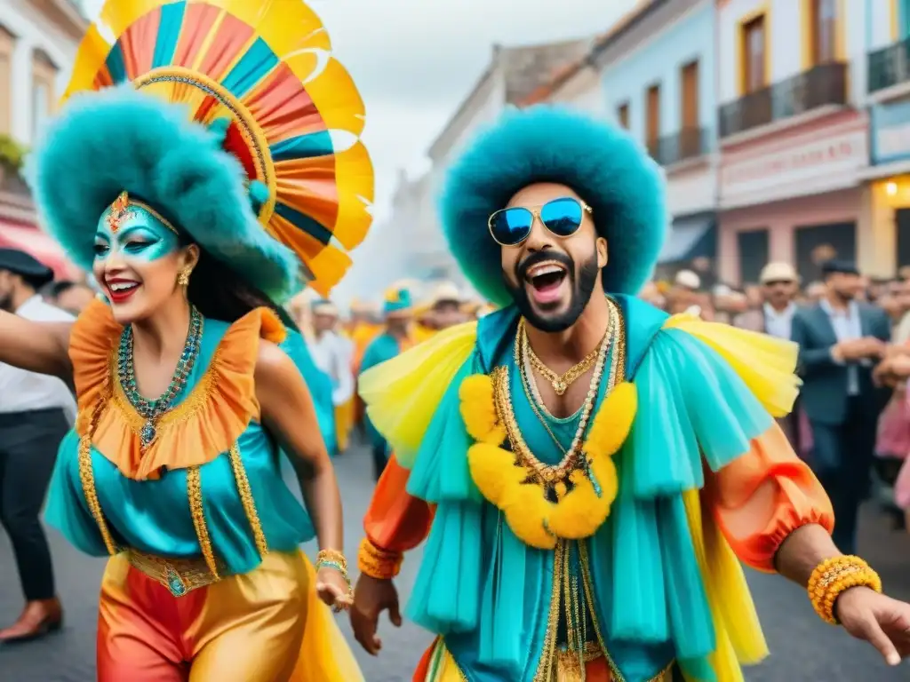 Desfile alegre en el Carnaval Uruguayo Desfile colorido de influencers bailando en el Carnaval Uruguayo