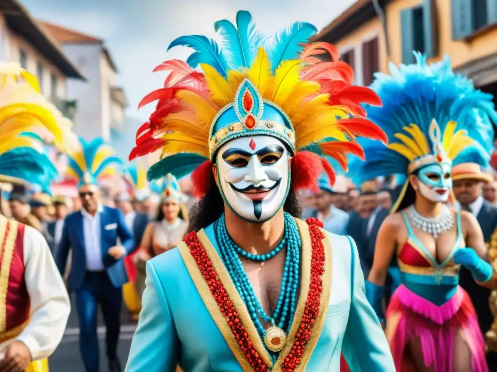 Carnaval en Uruguay: danza y color en vibrante acuarela Desfile colorido en Uruguay con influencia religiosa en Carnaval Uruguayo