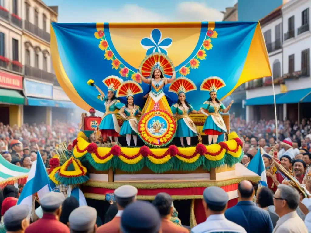 Desfile de Carnaval en Uruguay: Colores, música y tradición Desfile colorido con patrocinadores preservación Carnaval Uruguayo, músicos y bailarines en trajes festivos