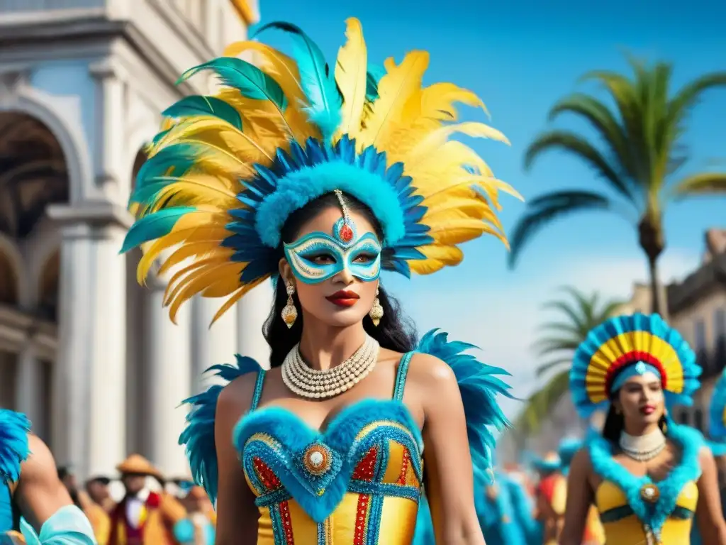 Desfile de Carnaval Uruguayo: Colores y Tradición Desfile colorido de trajes de Carnaval Uruguay, vida sostenible y creatividad en vibrante acuarela