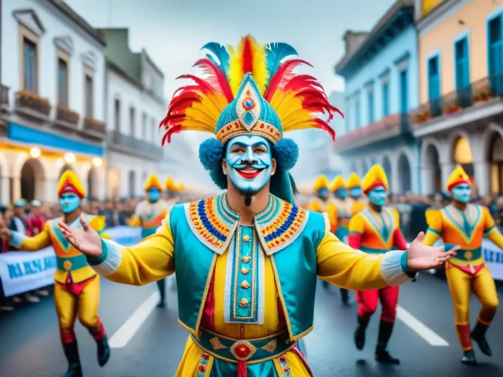Desfile de Carnaval en Uruguay: colores vibrantes y alegría Desfile colorido y vibrante en el Carnaval Uruguayo, mostrando colaboraciones creativas