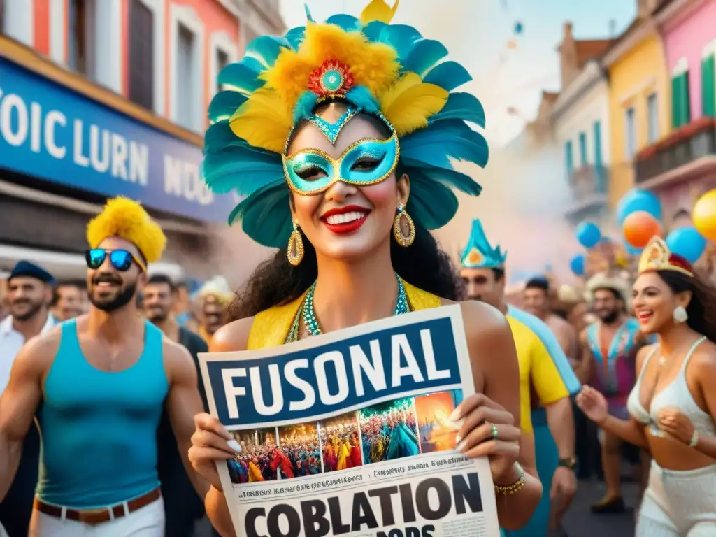 Desfile vibrante: Comparsa literaria y carnaval en Uruguay Un desfile colorido y vibrante fusionando revistas y Carnaval Uruguayo, mostrando colaboración y creatividad