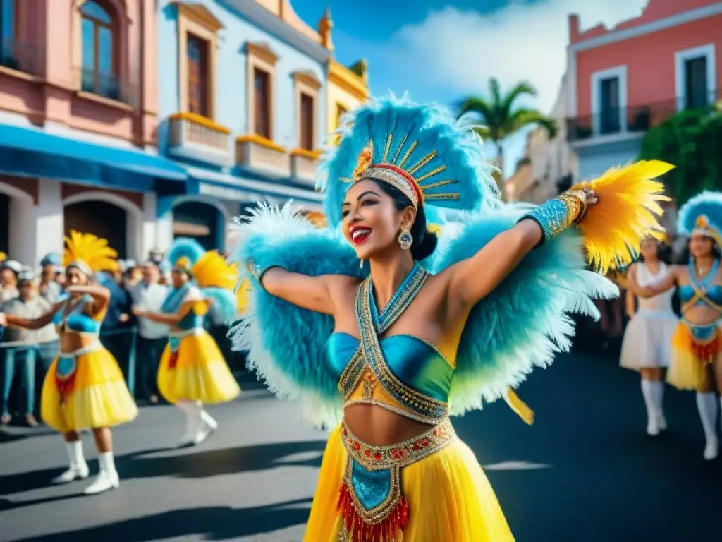 Desfile de comparsas en Uruguay: colorida celebración callejera Un desfile de comparsas coloridas en Uruguay, con danzarines y espectadores en las calles