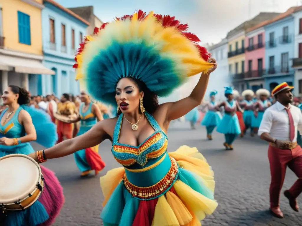 Comparsa africana: baile y color en Uruguay Desfile de comparsas en Uruguay con influencia africana en vibrantes trajes y ritmos
