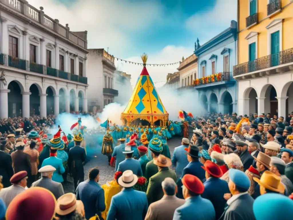 Desfile colorido en el Carnaval Uruguayo Desfile festivo del Carnaval Uruguayo con coloridos trajes, carrozas y música tradicional, en un escenario de edificios coloniales y alegría