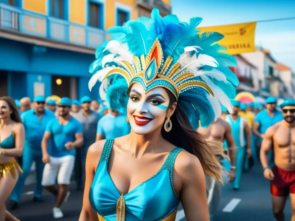 Deslumbrante carnaval en Uruguay: desfile de color y alegría Desfile legendario del Carnaval Uruguayo con carrozas coloridas, bailarines y espectadores alegres bajo un cielo azul lleno de confeti y serpentinas