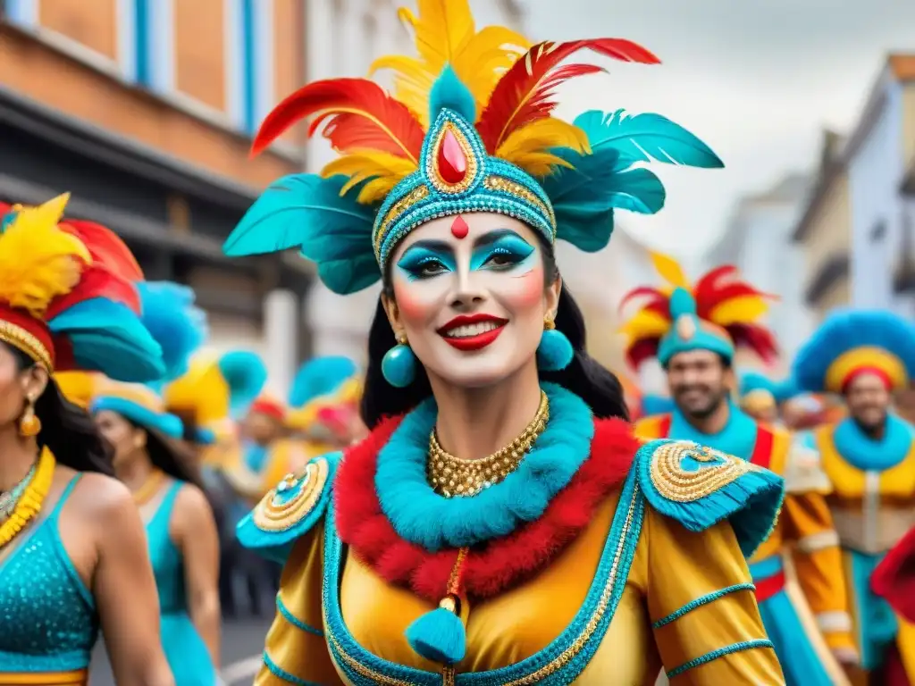 Deslumbrante desfile de Carnaval en Uruguay Desfile legendario del Carnaval Uruguayo: una ilustración detallada y vibrante muestra la festividad y la rica cultura de Uruguay