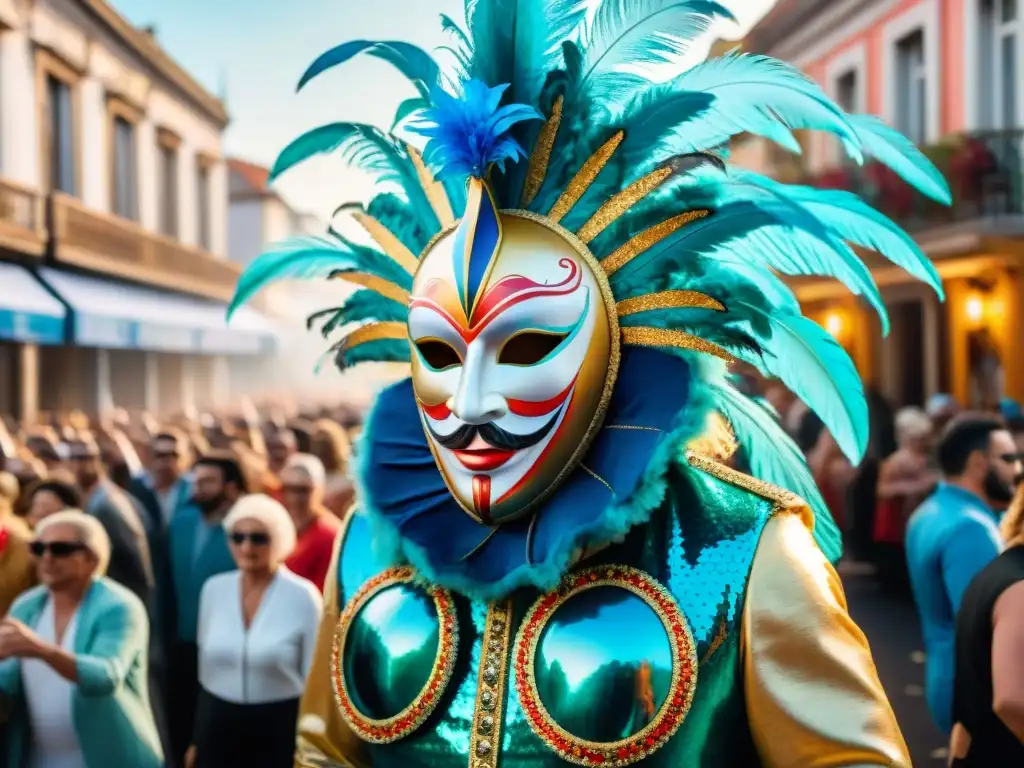 Deslumbrante desfile de carnaval en Uruguay Desfile legendario del Carnaval Uruguayo: carroza majestuosa rodeada de espectadores y coloridos trajes