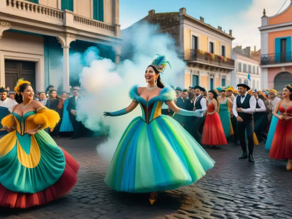 Festival de Murgas en Uruguay: Colorida danza callejera Desfile de murgas uruguayas con influencia de Alfredo Zitarrosa, en un vibrante carnaval en Uruguay