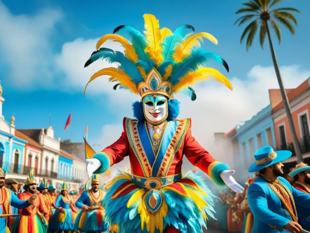 Desfile vibrante en acuarela: Carnaval uruguayo Desfile vibrante en acuarela del Carnaval Uruguayo 2023 con carrozas, plumas y mascaradas coloridas en las calles históricas
