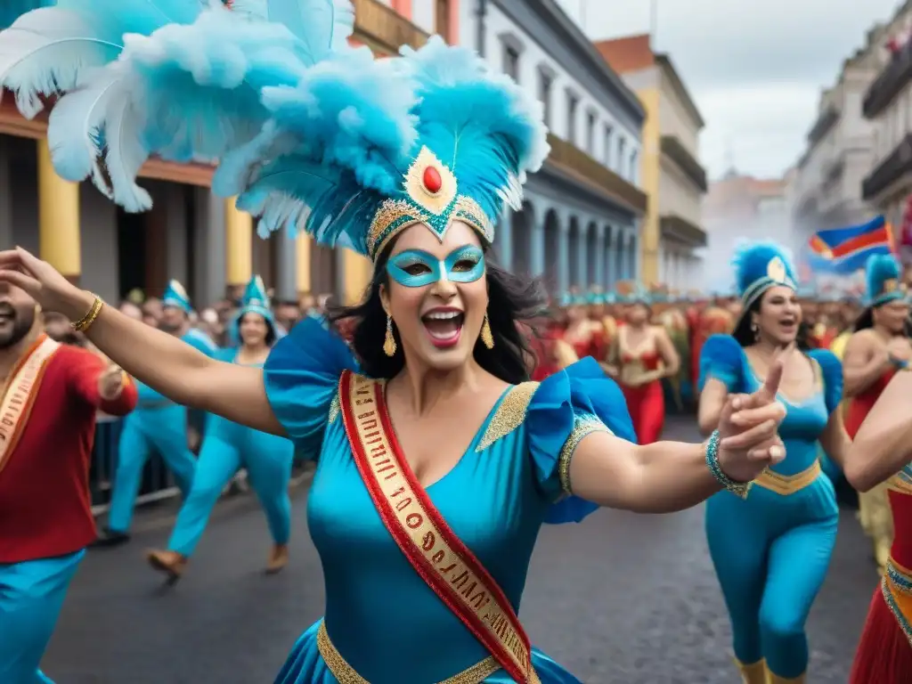 Deslumbrante Carnaval Uruguayo: danzas, colores y alegría Desfile vibrante y alegre del Carnaval Uruguayo, donde danzarines coloridos y espectadores celebran juntos