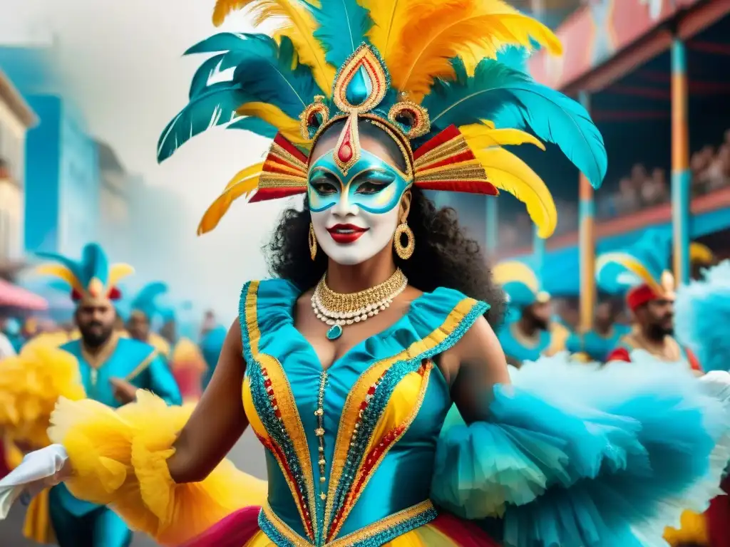 Desfile vibrante: Evolución del carnaval uruguayo en acuarela Un desfile vibrante de bailarines de carnaval uruguayo en trajes tradicionales de diferentes décadas, rodeados de símbolos que representan la evolución del carnaval uruguayo a lo largo del tiempo