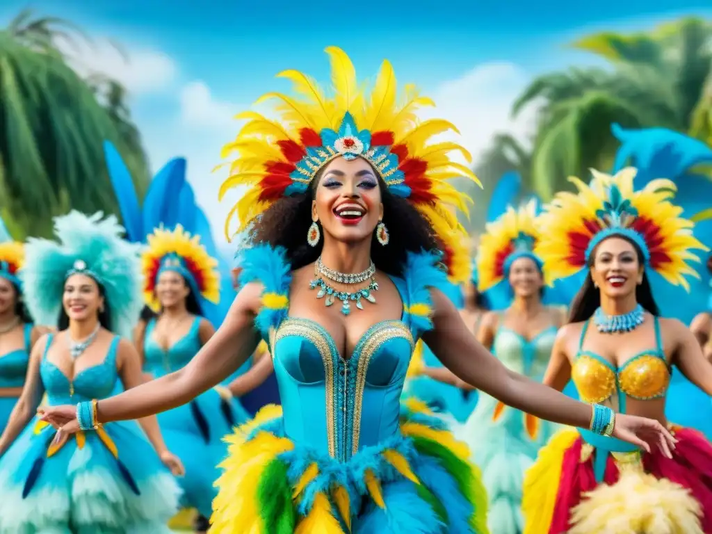 Carnaval Uruguayo sostenible: danza alegre y colorida Un desfile vibrante de bailarines de Carnaval Uruguayo en trajes sostenibles, con plumas y patrones coloridos, rodeados de naturaleza exuberante