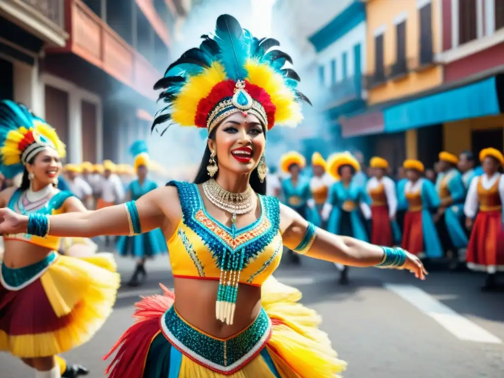 Vibrante comparsa uruguaya: danza y color Un desfile vibrante de bailarines en trajes coloridos y detallados, capturando la evolución de las comparsas uruguayas