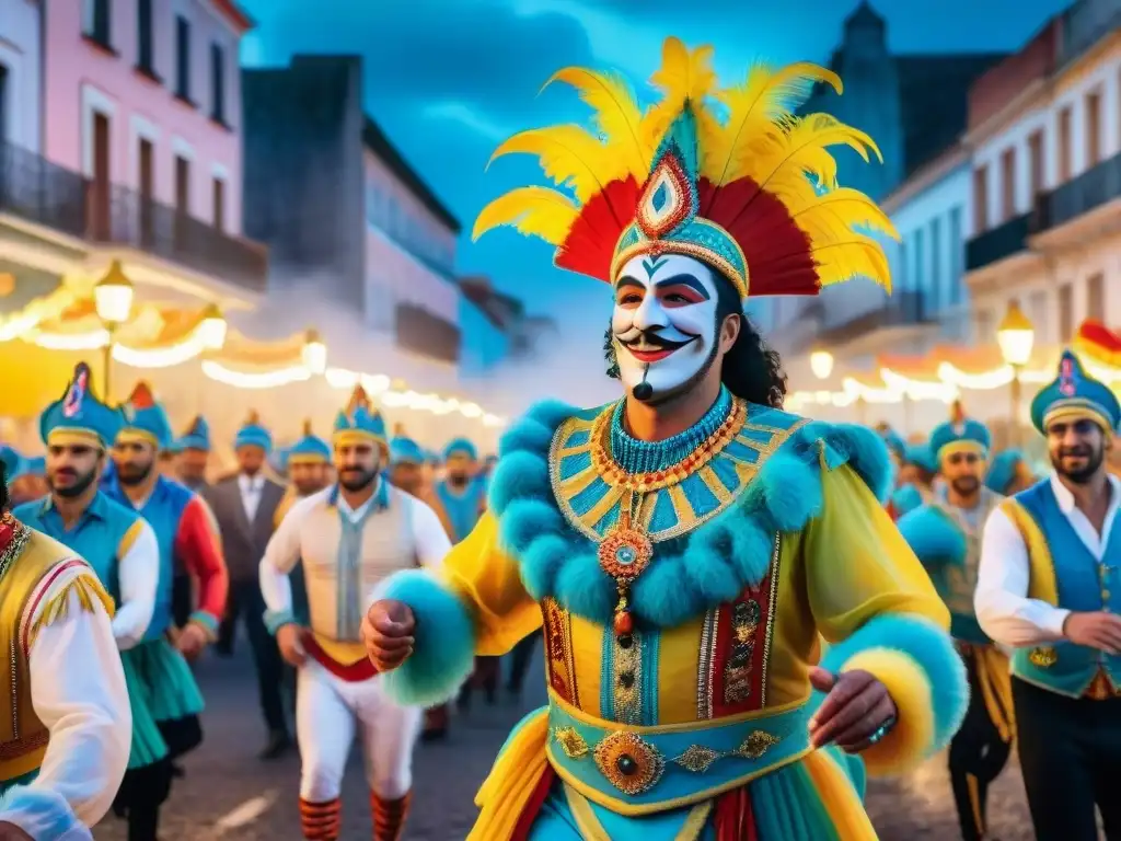 Desfile de Carnaval en Uruguay: color y alegría Desfile vibrante de Carnaval en Uruguay, colores y alegría en atuendos y carrozas frente a arquitectura histórica