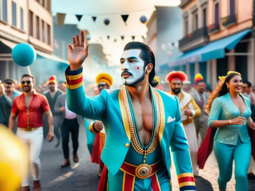 Desfile de Carnaval en Uruguay: Color y alegría en Montevideo Desfile vibrante de Carnaval en Uruguay con artistas y espectadores felices, Patrocinar Carnaval Uruguayo beneficios