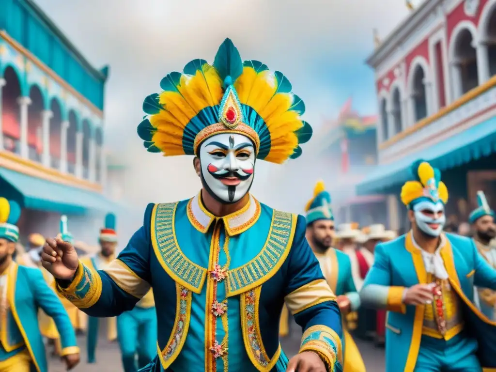 Deslumbrante pintura acuarela de Carnaval vibrante Desfile vibrante en Carnaval con artistas en trajes elaborados, expresando mindfulness en la celebración