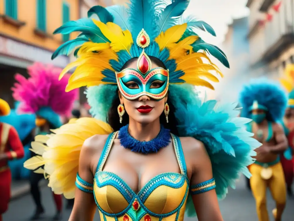 Deslumbrante Carnaval en Uruguay: baile, color y tradición Desfile vibrante del Carnaval en Uruguay con bailarines, carros y espectadores emocionados
