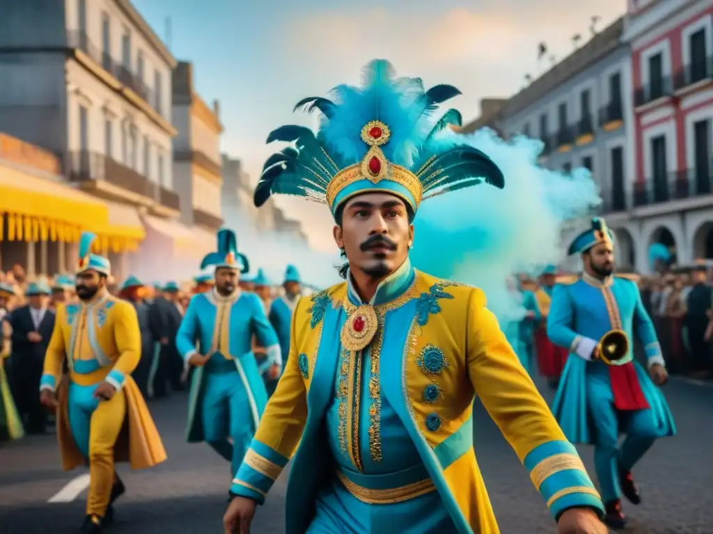 Deslumbrante Carnaval en Uruguay: danzas, músicos y coloridos desfiles Desfile vibrante de Carnaval en Uruguay con bailarines y músicos, carros coloridos y arquitectura colonial al atardecer