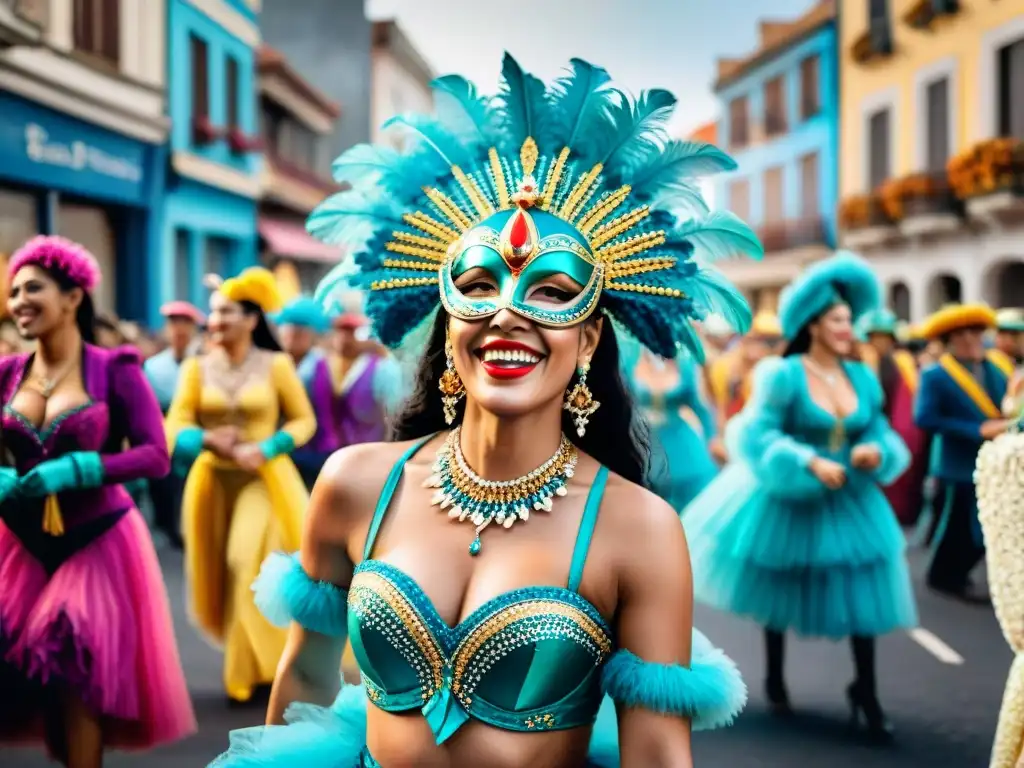 Desfile de Carnaval en Uruguay: alegría y color Desfile vibrante de Carnaval en Uruguay, con bailarines coloridos y música tradicional en una calle llena de confeti y espectadores animados