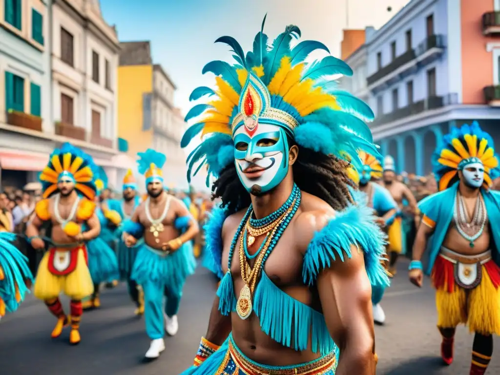 Deslumbrante desfile de Carnaval en Uruguay Un desfile vibrante de Carnaval en Uruguay con bailarines coloridos y trajes elaborados, música alegre y confeti en el aire