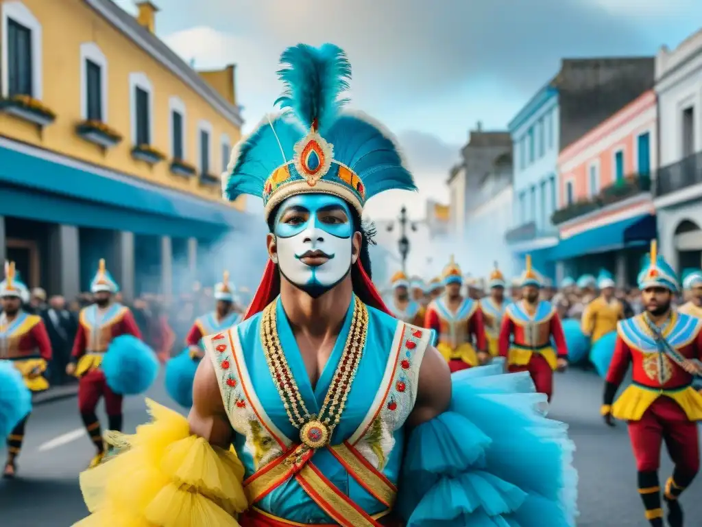 Carnaval en Uruguay: Colorida fiesta con bailarines y música Desfile vibrante de Carnaval en Uruguay con bailarines y músicos, floats detallados y energía festiva