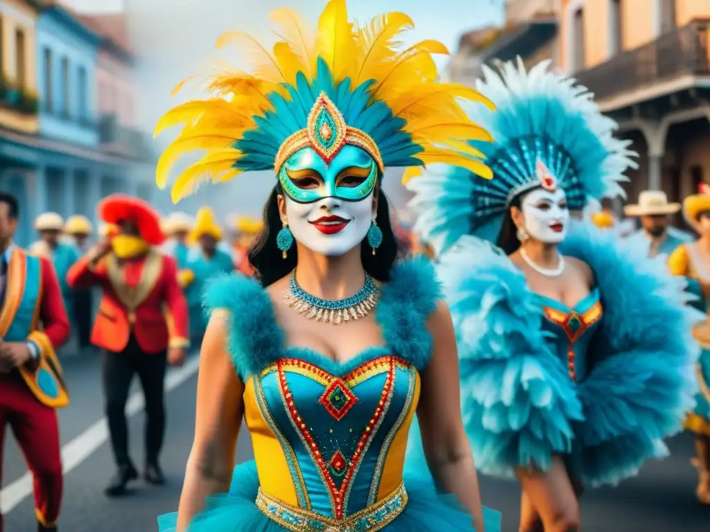 Carnaval en Uruguay: Desfile festivo lleno de color y alegría Desfile vibrante de Carnaval en Uruguay con bailarines y carrozas coloridas, espectadores alegres y máscaras tradicionales